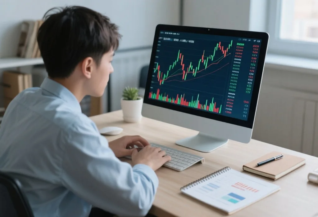 一位初学者坐在桌前，专注查看电脑屏幕上的数字走势图，旁边有记事本和笔