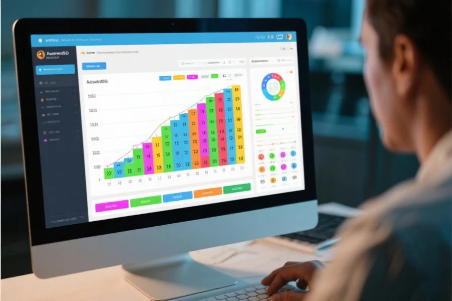 分析师正在用电脑查看澳洲幸运十号码趋势图表，屏幕上显示彩色走势图和数据分析界面