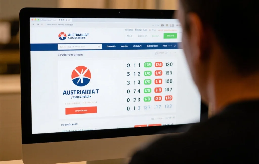 一个人在电脑屏幕前认真查阅澳洲幸运十官方开奖结果页面，屏幕上显示着数字结果和官方标志